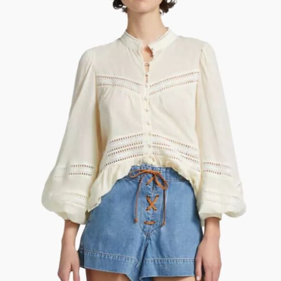 NWT Kivari | "Tana" Cotton Button Front Crochet Detail Blouse in Cream | Size 2* - Picture 3 of 14